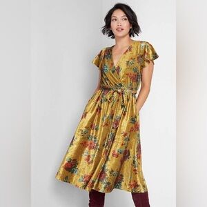 ModCloth Timeless Embrace Velvet Midi Dress Yellow Floral Print